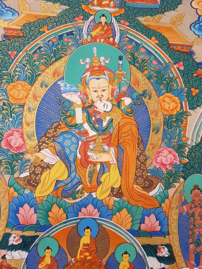 Nyingma Tree Lineage Thangka with Guru Rinpoche and Yeshe Tsogyal in center